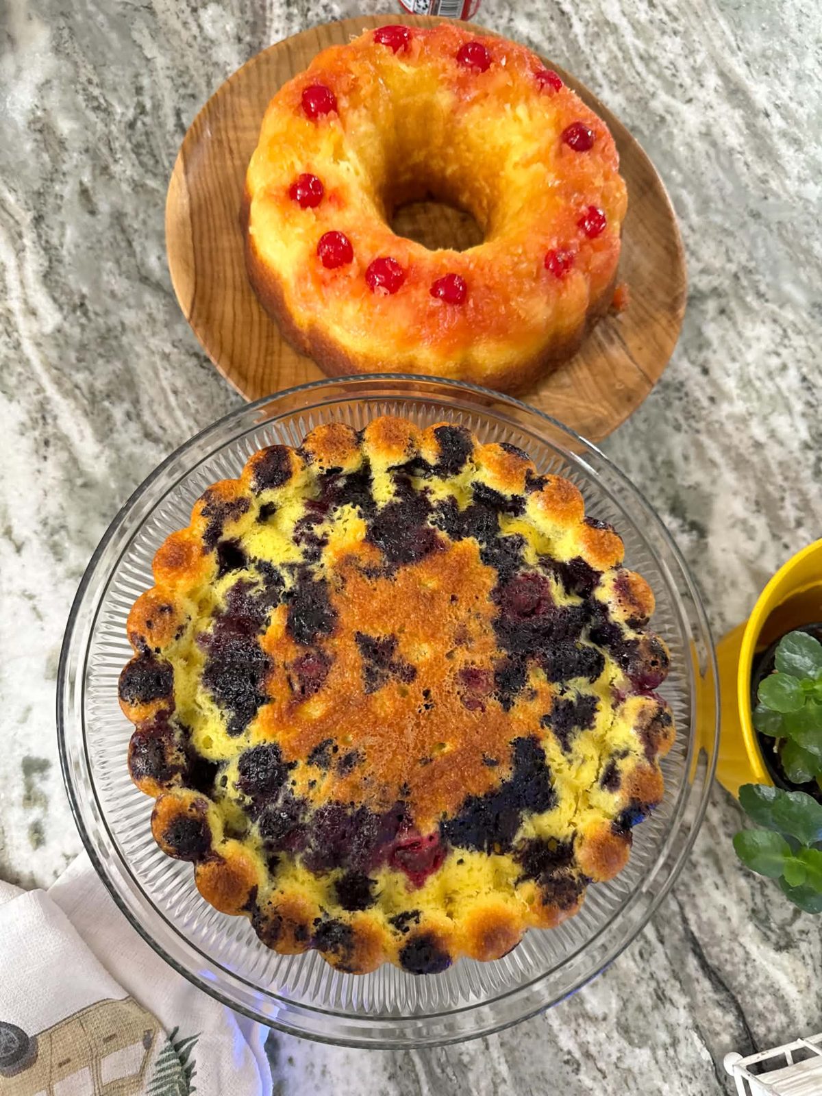 Fresh-baked desserts: Pineapple upside-down cake and blueberry cake, baked in our kitchen